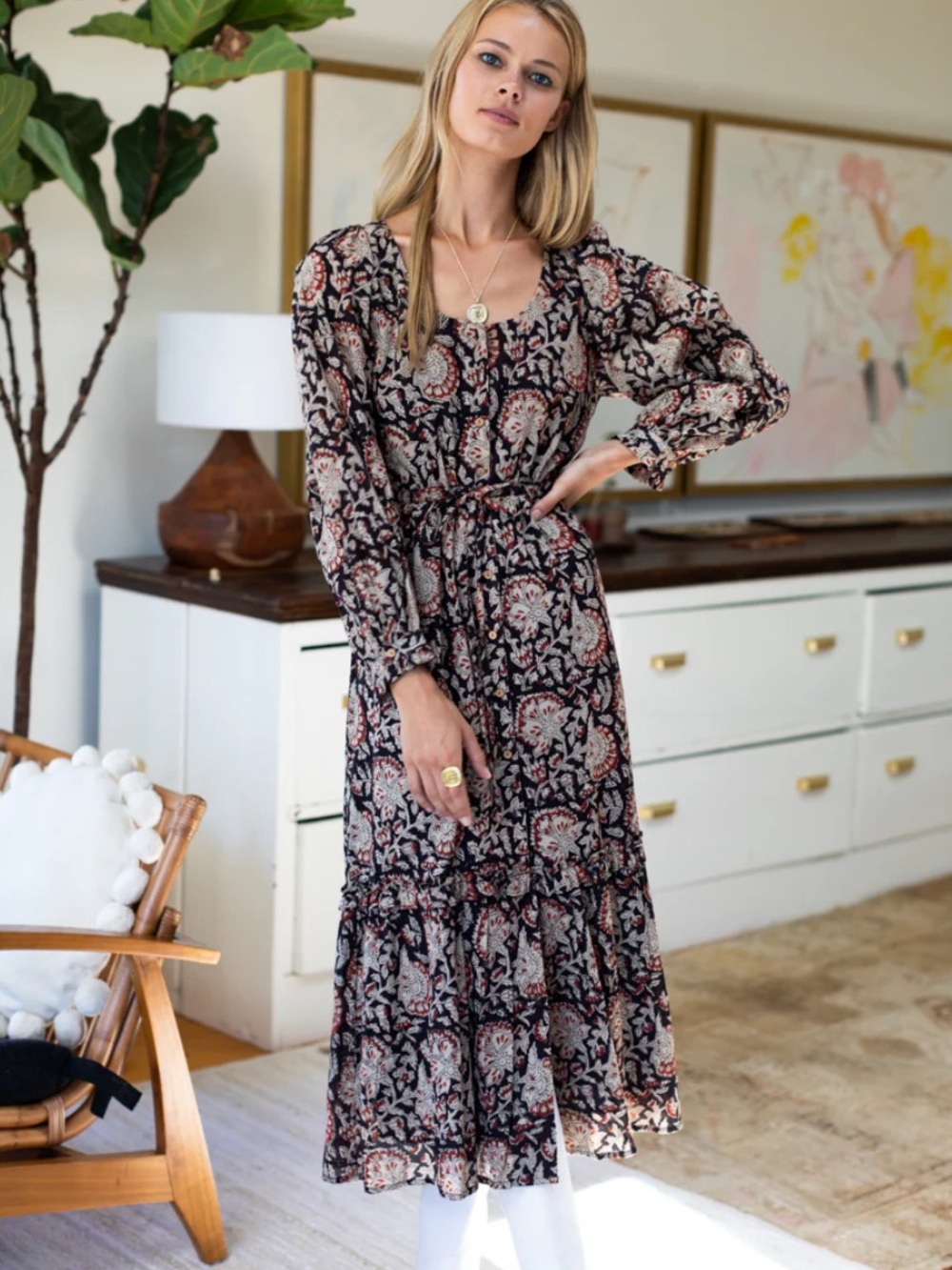 Emerson Fry Black and Cream Floral Maxi Dress